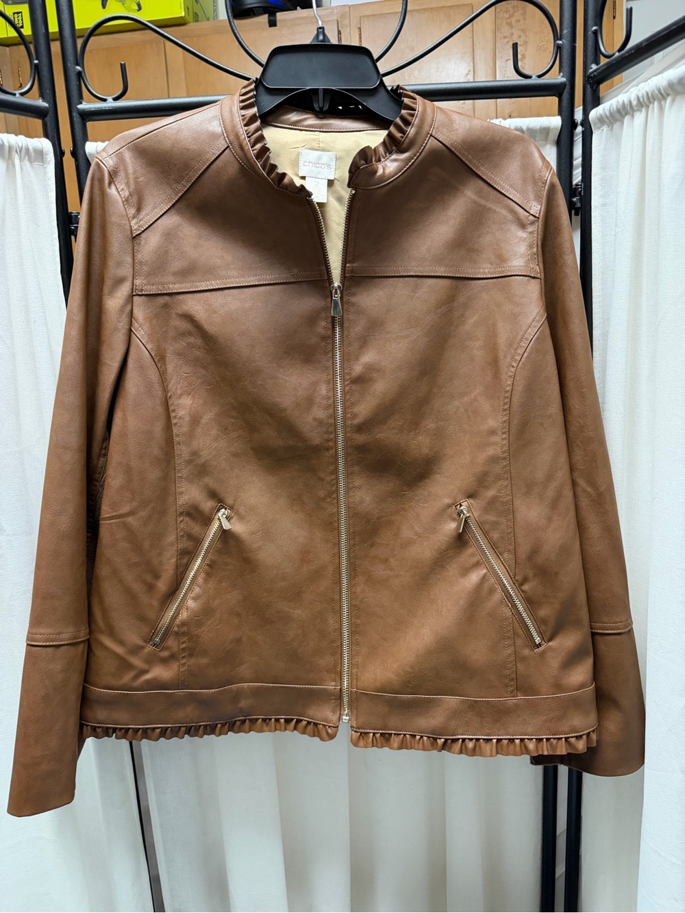 Chico's Tan-Brown Faux Leather Zip Front Jacket
